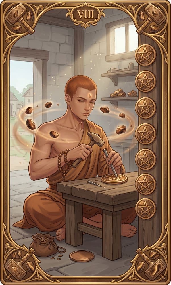 Carte de tarot Huit de Pentacles