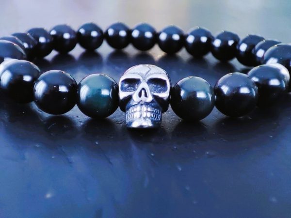 bracelet tête de mort avec obsidienne noire