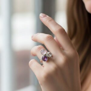 Bague argent avec Améthyste, Cristal de Roche et Quartz Rose