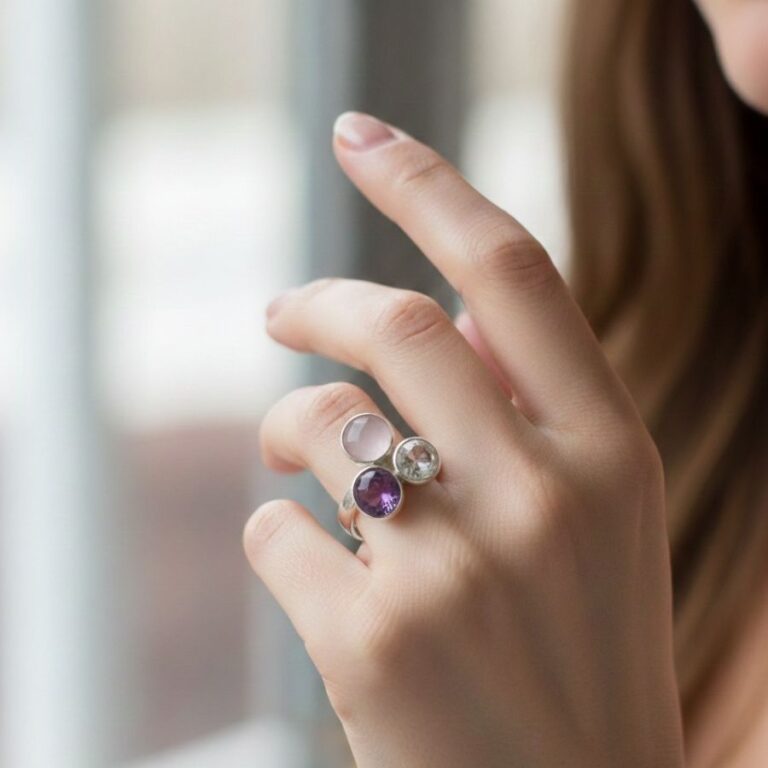 Bague argent avec Améthyste, Cristal de Roche et Quartz Rose